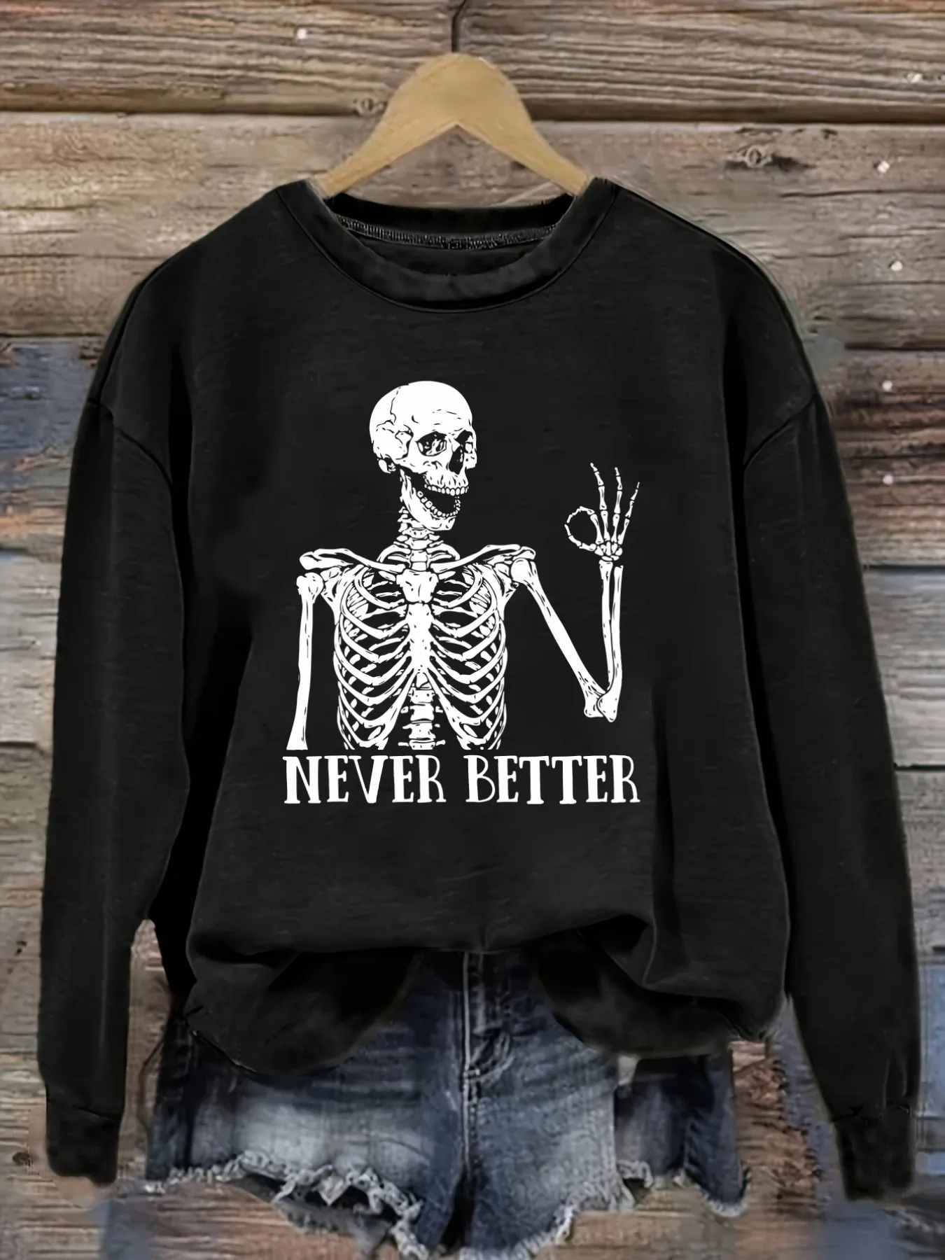 Women's Casual Long Sleeve Crew Neck T-Shirt Skeleton Saying Never Better Design, Round Neck Women's Clothing, Machine Washable, Slightly Elastic, Loose Fit, Spring Autumn Winter Women's T-Shirt, Halloween Costume Outfit