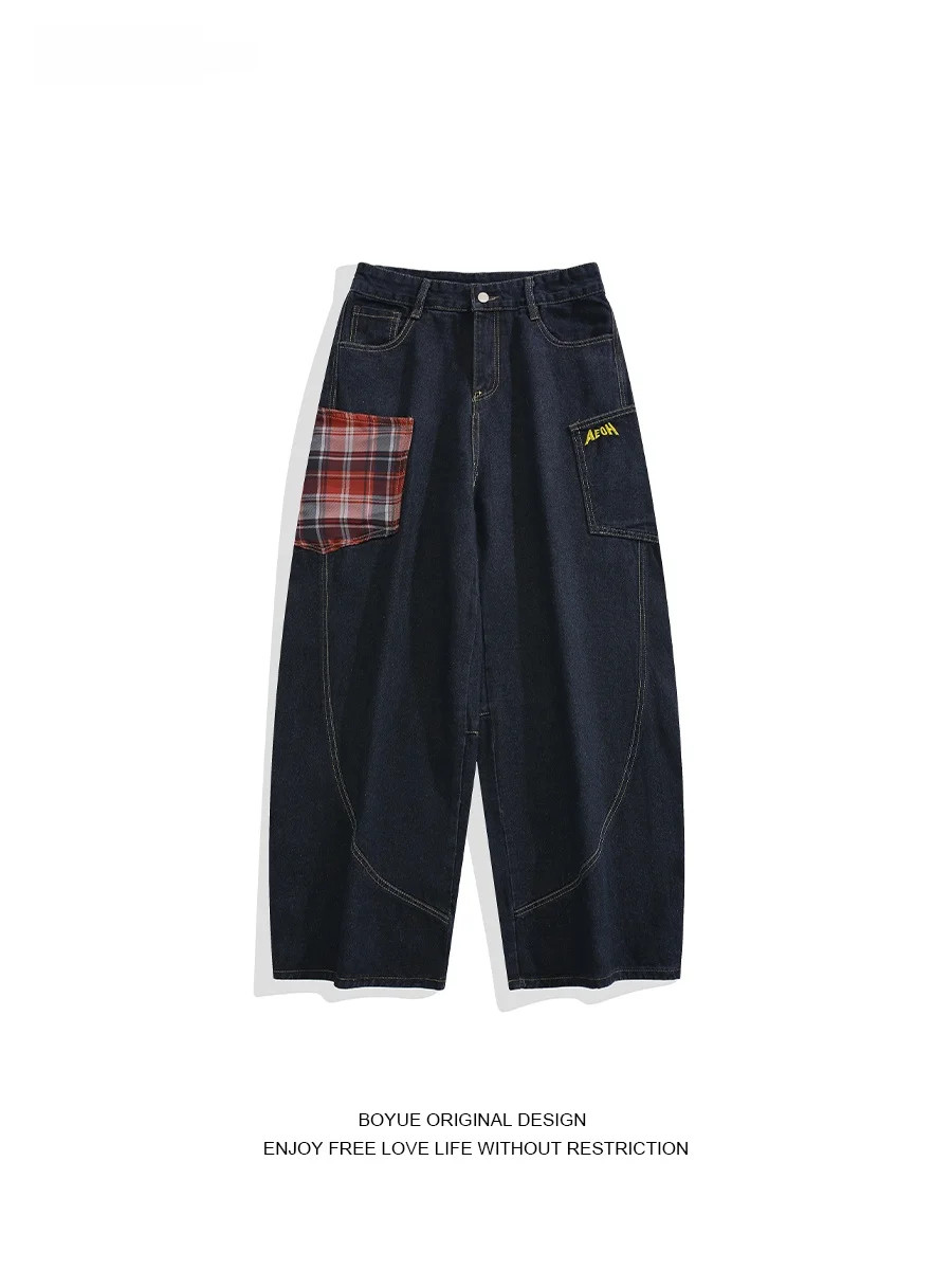 

Boyue Retro Design Large ket Knife Jeans ex Trendy Plaid Workwear Versatile Long Trousers Straight Leg Loose Fit