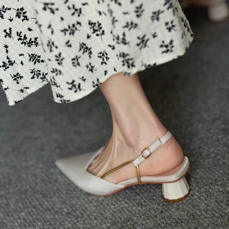 French Satin Style Sandals 2024 Spring Women New Pointed Mid Heel Design Luxury Versatile Single Shoes Zapatos De Mujer