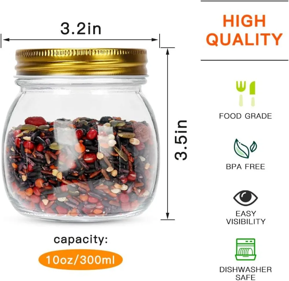 24 Pack 300ml Glass Mason Jars with Regular Mouth Lids, Perfect for Jam, Honey, Candies, Wedding Favors, Includes 1 Pen & 40 Labels