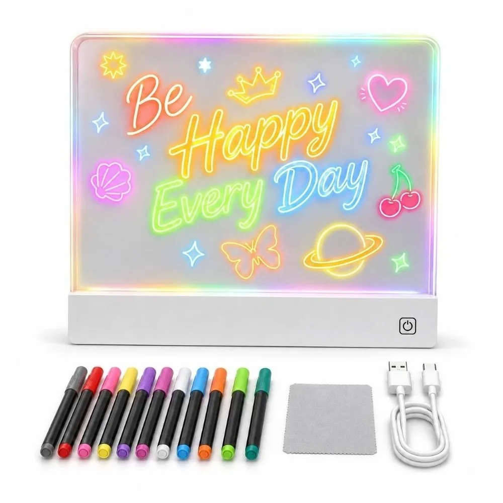 Portable DIY LED Drawing Board Acrylic with 12 Color Pen Light-Up Message Board Touch-to-Charge Note Board