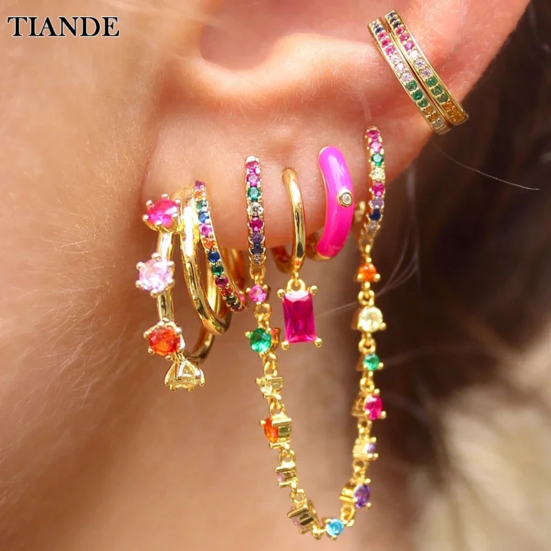 TIANDE Color Zircon Ear Stud Earrings for Women Gold Color Piercing Hoop Drop Chain Dangle Earring Set 2023 Jewelry Wholesale