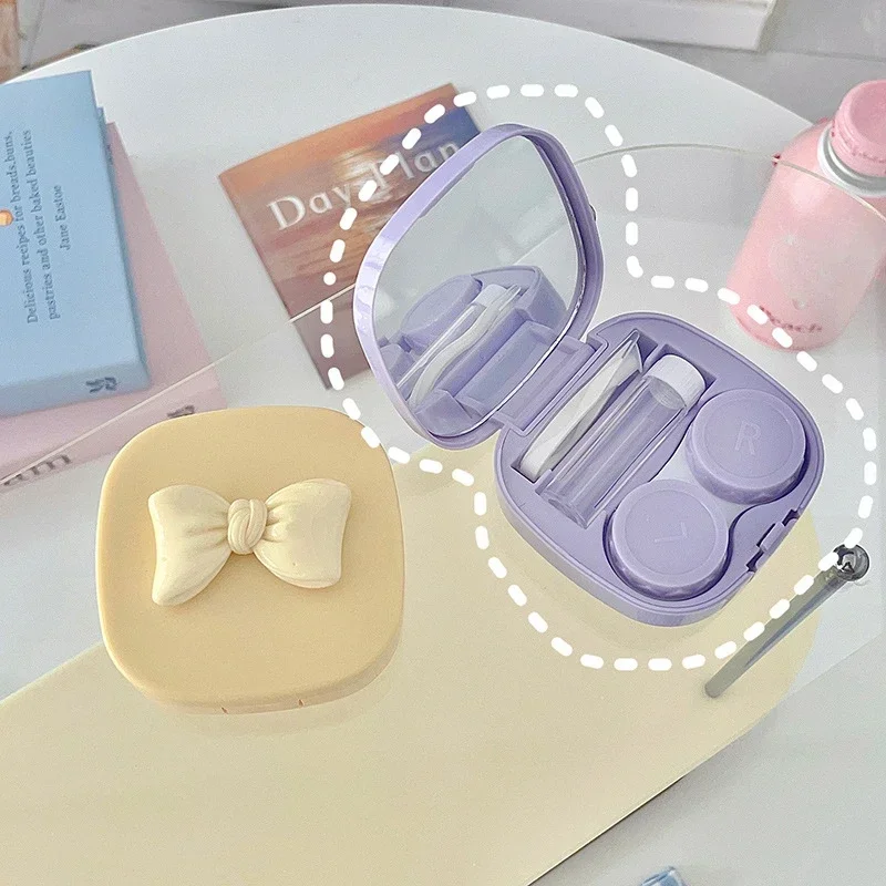 Girl Cute Bow Contact Lens Box with Mirror Women Mini Portable Eyes Contact Lens Container Box Contact Lens Cases Travel Kit