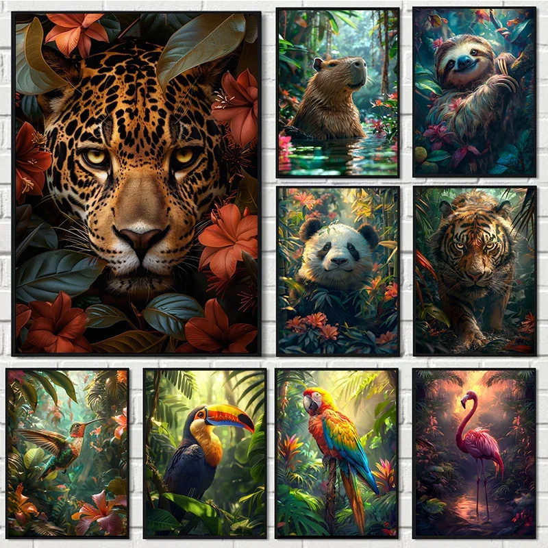 Póster de fantasía de animales tropicales, Tigre, leopardo, loro en la jungla, pintura en lienzo, impresiones de pared, imagen para decoración del hogar y la sala de estar