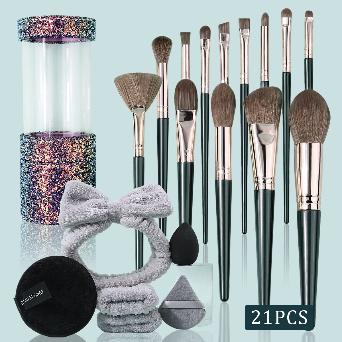 مجموعة فرش مكياج متعددة الأغراض مكونة من 21 قطعة وسوار معصم رباط شعر وإسفنجة بودرة مثلثة/دائرية على شكل بيضة ودلو تخزين