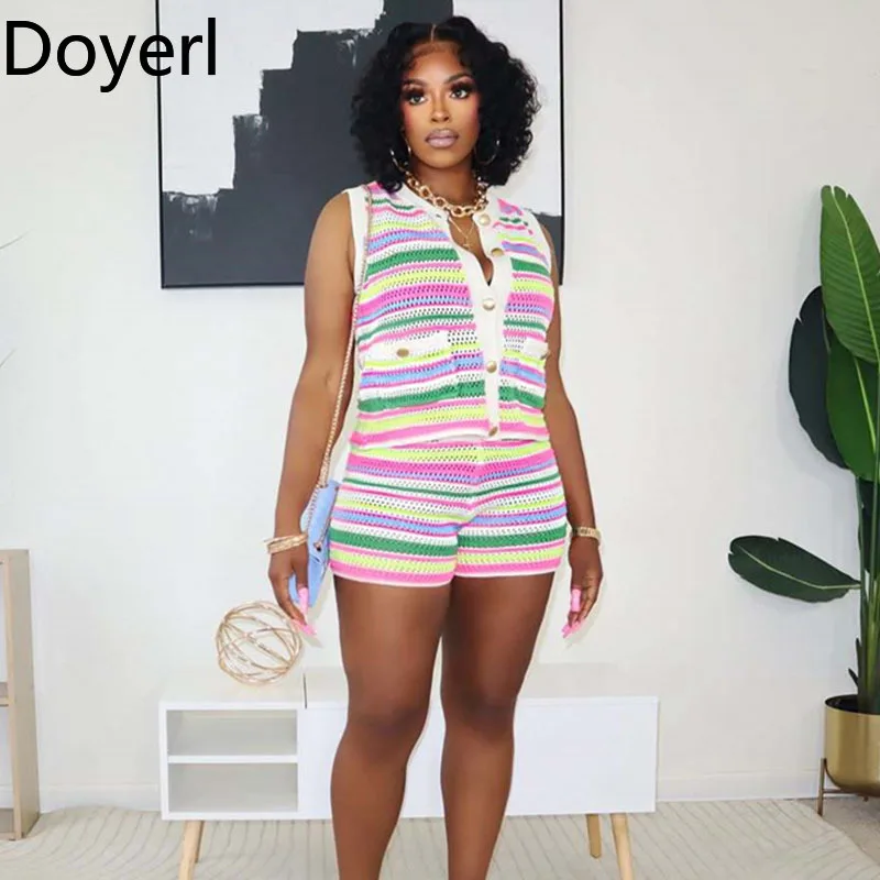 

Doyerl Colourful Striped Knitted Two Piece Set Vacation Women Outfits Sleeveless Button Up Knit Top and Shorts Matching Sets