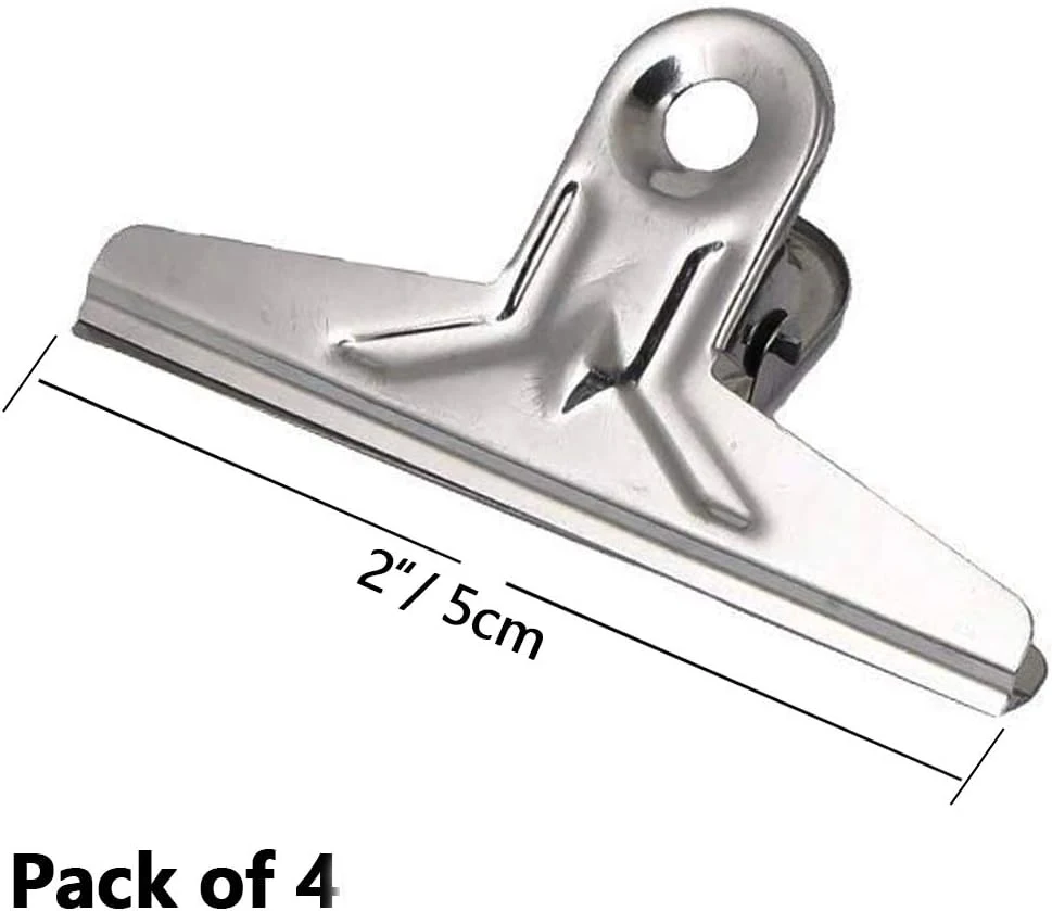 Bulldog Clips,4PCS 2 inches Hinge Clips,Stainless Steel Binder Clips for Documents, Files, Pictures, Home Office Supplies Silver