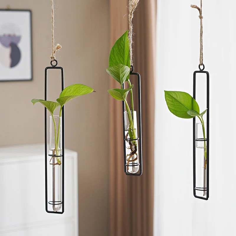Hanging Test Tube Vase Glass Hydroponic Planter Black Metal Frame Wall Flower Tube Plant Propagation for Home Wall Decor Gift