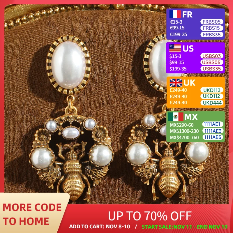 

Vintage Moth Bee Earrings Pearl Elegant Palace Style Pendant Luxury Brand Jewelry For Woman Antique Gold Color Accessories 2025