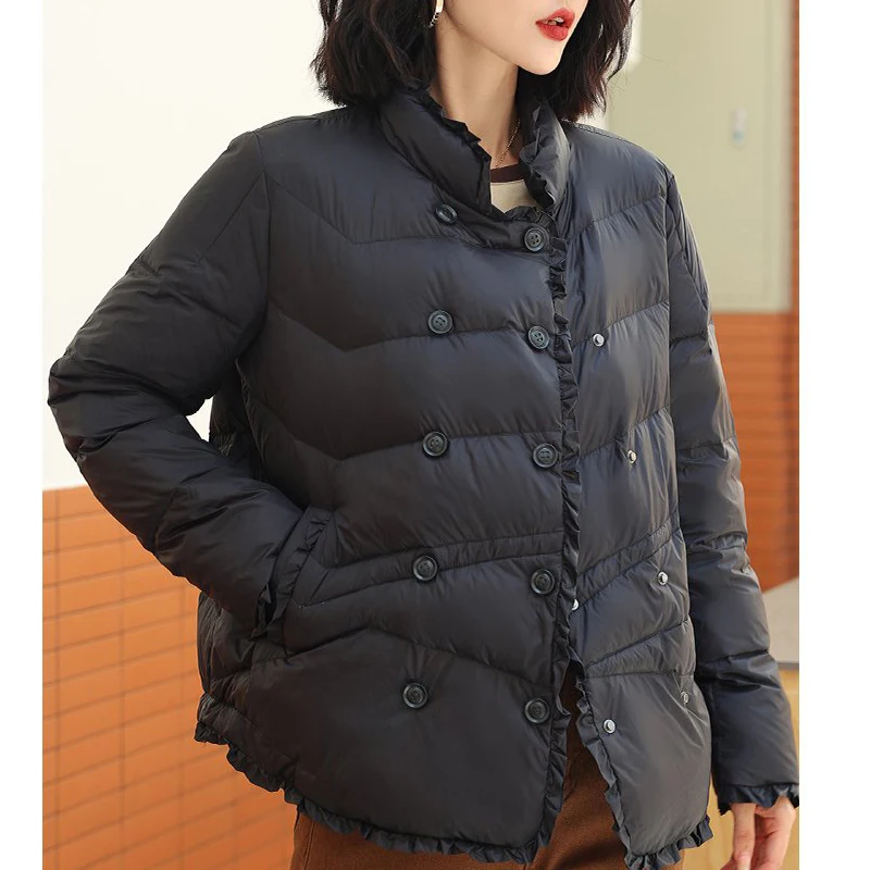 

Легкое белое женское пальто Du down Jaet с воротником-стойкой и деревянными рюшами, зимнее новое корейское пальто