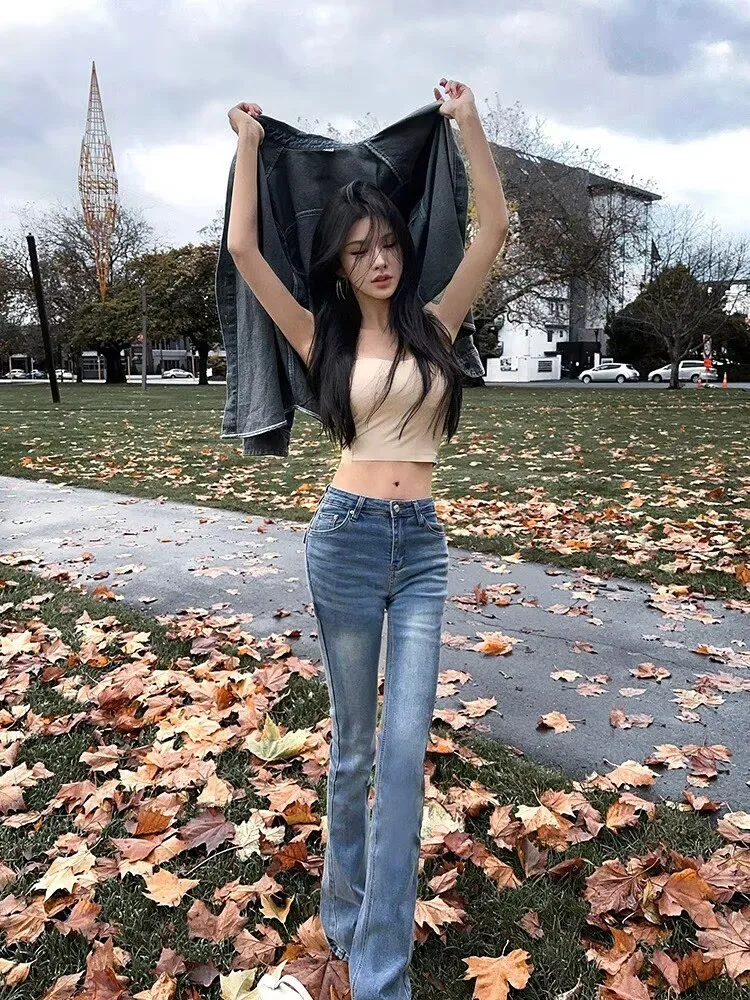 

Ретро джинсы с высокой талией и расклешенными штанинами, облегающие, женские, модные, универсальные, из хлопкового стрейч-денима, с эффектом утяжки живота