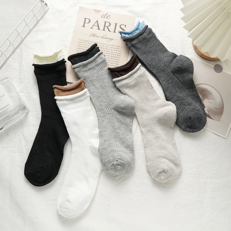 3PCS Fashoin 가짜 두 조각면 양말 여성 솔리드 컬러 중간 길이 양말 새로운 스타일 통기성 간단한 봄 여름 양말