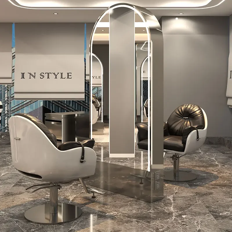 Luxury salon furniture led light gold frame double sided barber station modern hair salon mirrors designs