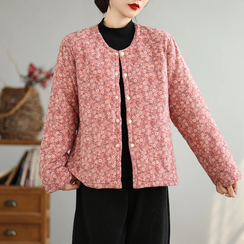 

Warm Cotton Jacket Women's Autumn Winter Flax Cotton Floral Print Inner Fashionable Thickened Long Sleeve round Neck Coat