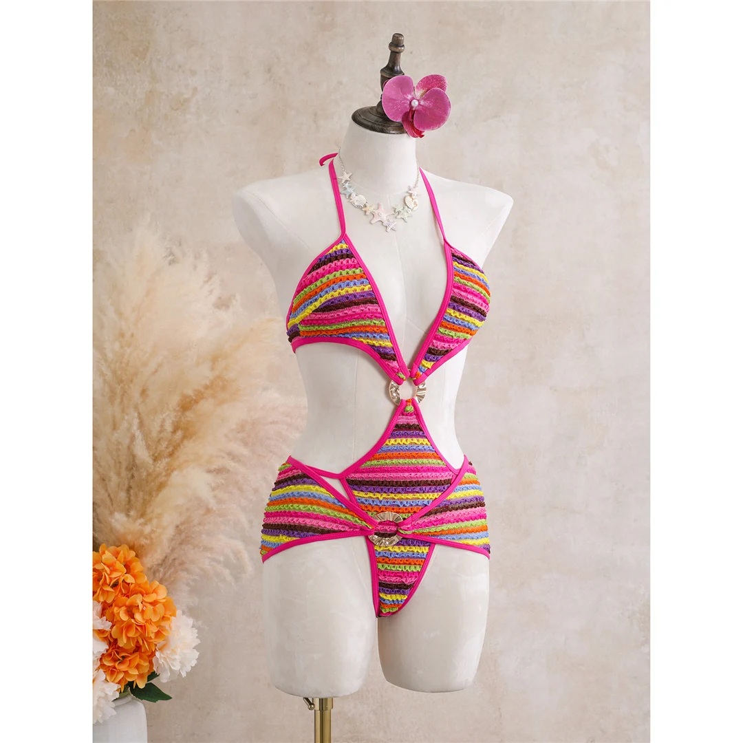 Mit Rock, gestreiftem Halterneck, V-Ausschnitt, Damen-Badeanzug, einteiliger Badeanzug, Damen-Monokini, hoher Beinausschnitt, Badebekleidung, Badeanzug, V8345. – Detail 13