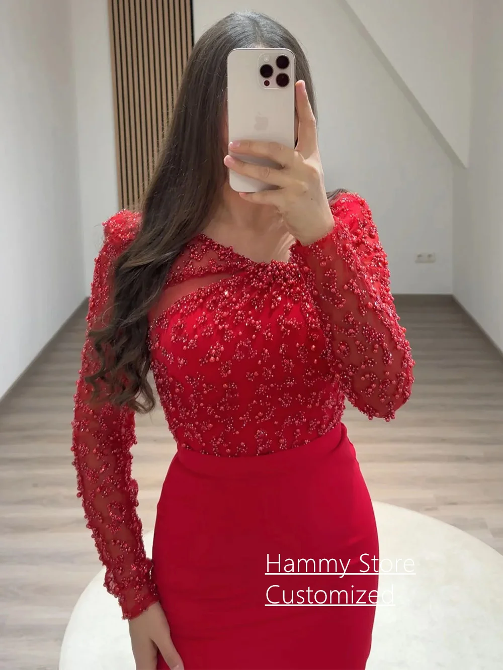 Red Evening Dress Customized Pearls Long Sleeves Beading Sheath Cocktail Party Gown Formal Prom Dresses for Special Occasion image 3