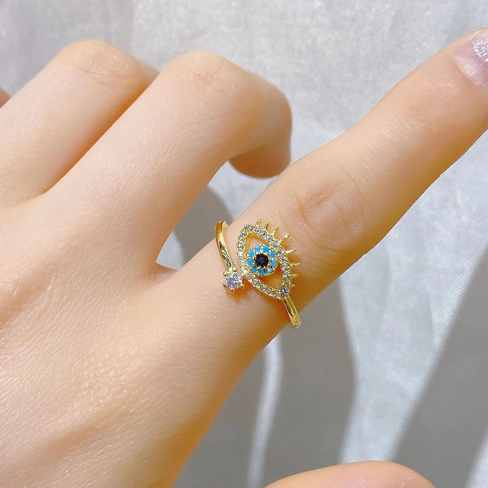 Gold Silver Color Evil Eye Open Rings For Women Crystal Eye Adjustable Finger Ring Female Fashion Party Jewelry Accessories