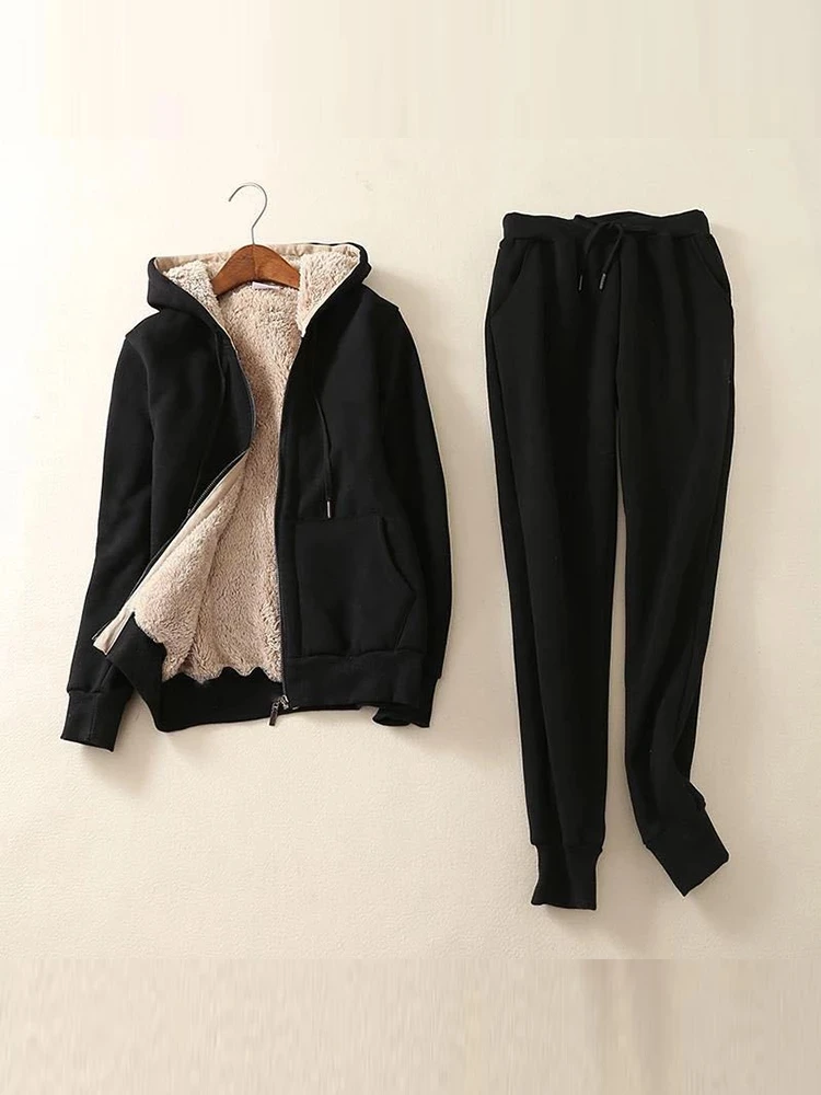 2-Piece Cashmere Hooded Tracksuit for Women, Thick Sweatshirts, Warm Sports Suits, 3XL, Winter