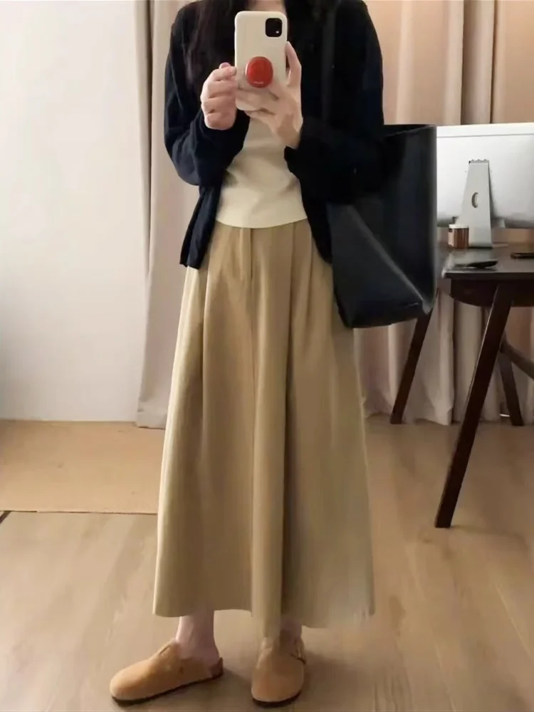 

Женская юбка А-силуэта цвета хаки, новая весенняя коллекция, для фигуры типа «груша», больших размеров, стройнящая, универсальная, юбка-солнце