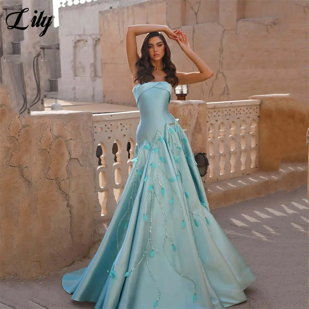 

Lily Blue Evening Dress A Line Prom Dress Sleeveless Party Formal Gown Beadings and Feathers robe de bal for Woman Customized