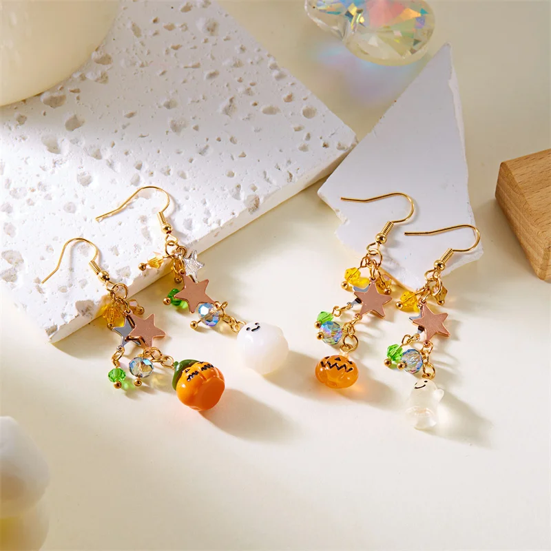 1Pair Halloween Cute Dangle Asymmetrical Earrings Cartoon Ghost Pumpkin Star Long Tassel Earrings For Women Party Jewelry Gift image 2