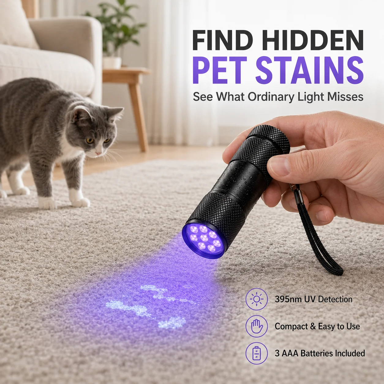Portable 395nm UV Blacklight Flashlight 9 LED Pet Urine Stain Detector for Dog Cat Carpet Sofa Home Cleaning Inspection Tool Kit