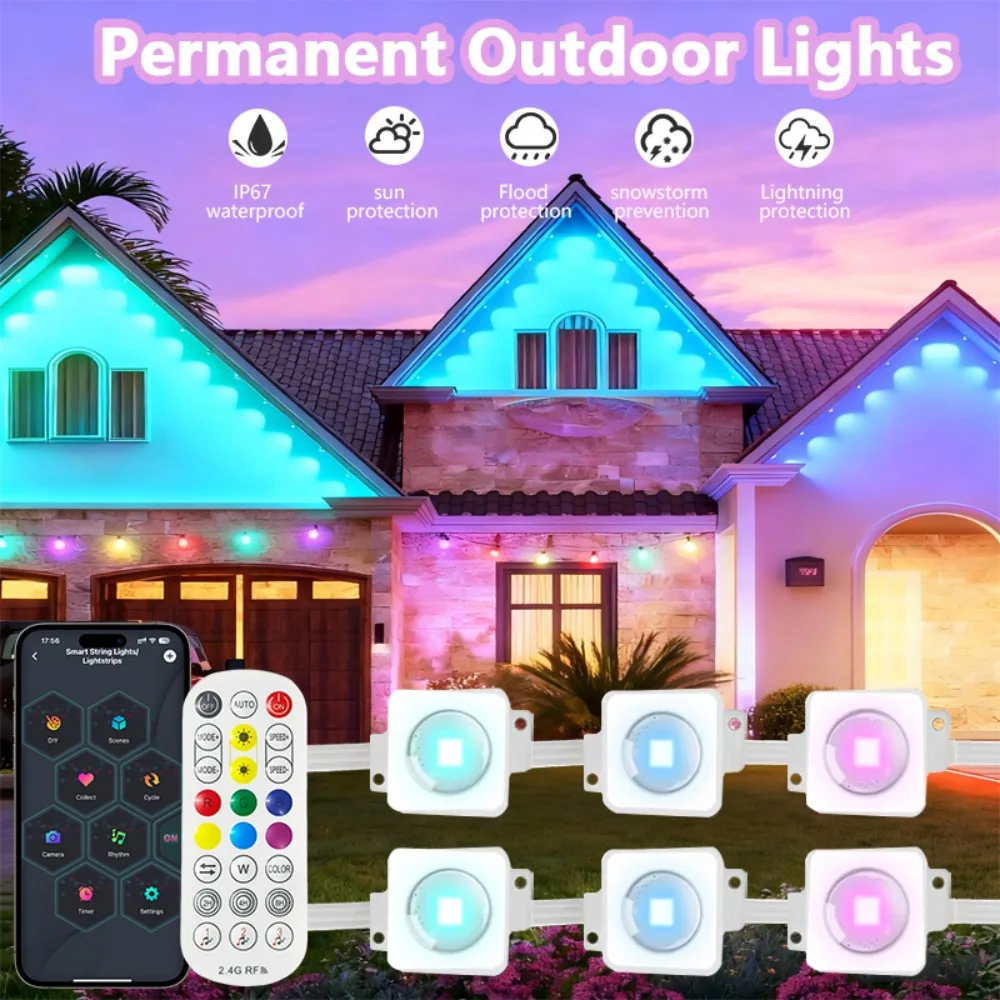 300ft Smart Eave Lights Permanent Outdoor Lights IP67 Waterproof App Remote Music Sync for House Roof Holiday Daily Decoration