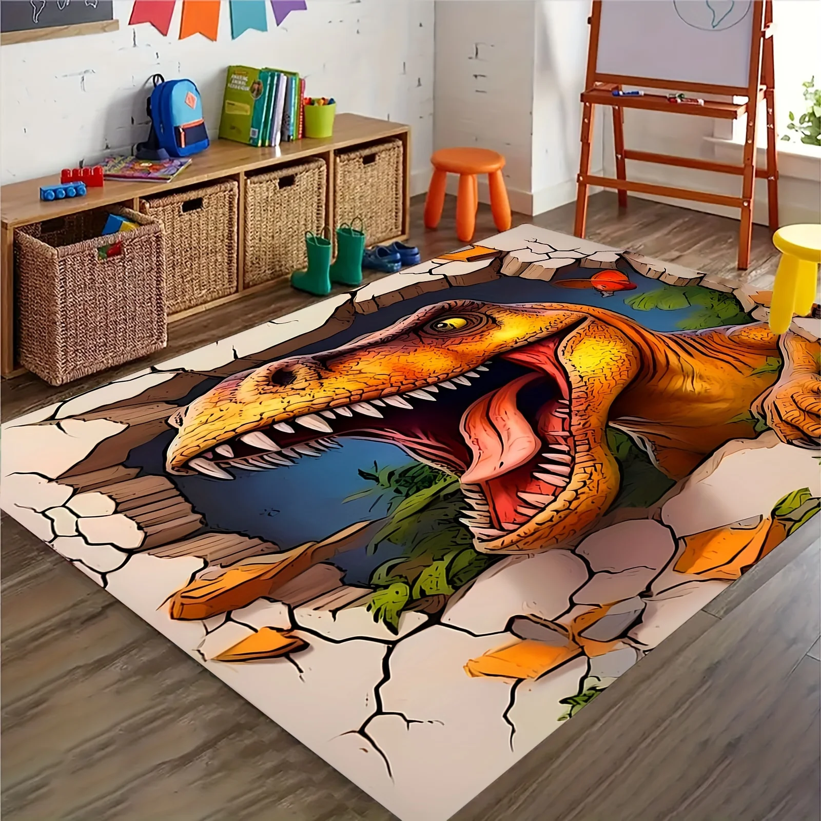 Vibrant Dinosaur Breaking Through Floor Design Rug Non Slip Machine Washable Polyester Carpet for Bedroom Play Area Home Decor
