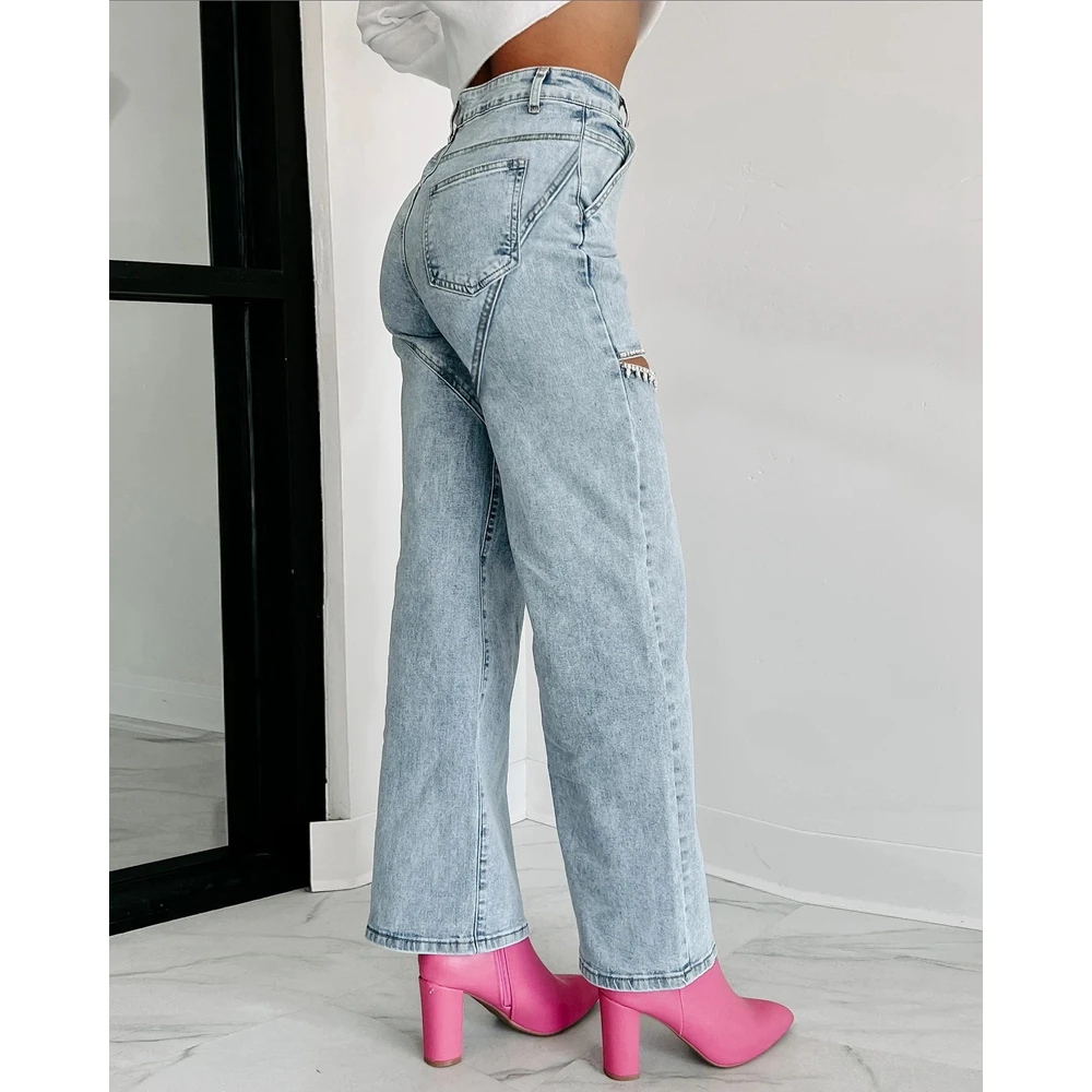 Jeans a vita alta con gamba dritta ritagliata con decorazioni in strass lavati Pantaloni vintage in denim casual per donna