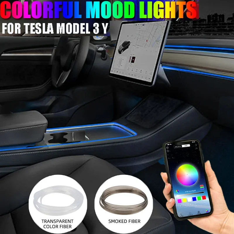 

2в1 5 м для Tesla Model 3/Y, центральная консоль, приборная панель, окружающая полоса, оптоволоконный светильник, управление приложением, центральная консоль, RGB сигарета