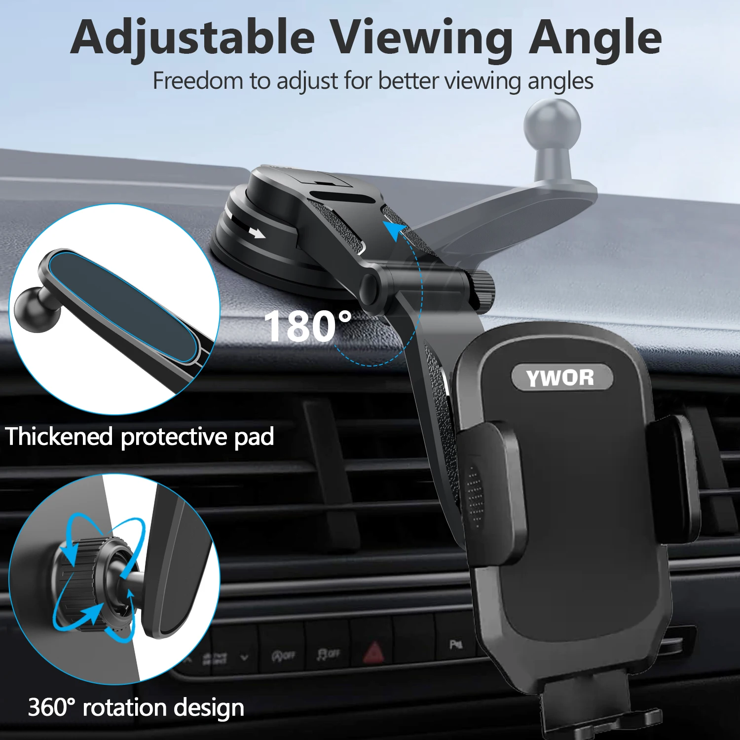 ABS Material Car Phone Holder with 360° Rotatable Dashboard Mount, Waterproof, Square Shape Universal Auto Device Cradle with Se