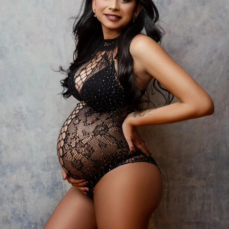 

Pregnant Women Photography Props Bodysuit Female Sexy Rhinestone Backless See Through Mesh Jumpsuit Maternity Photo Shoot