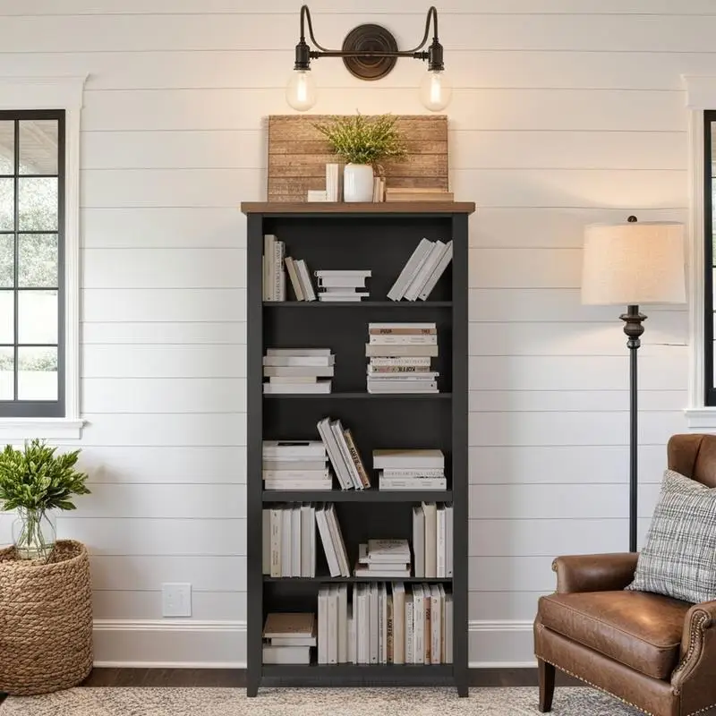 

Книжный шкаф высотой 72-дюймовый с 5 полками, сборка не требуется, отделка черного цвета и виски, стильное решение для хранения вещей для дома или офиса
