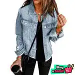 Damska kurtka jeansowa, bez elastycznego materiału, postarzana, z klapami, bluzka jeansowa z długim rękawem