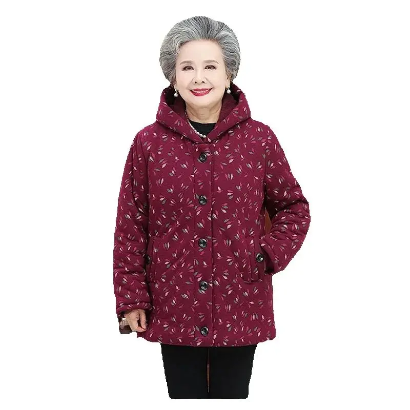 New Cotton-Padded Grandma Winter Clothes Plus Velvet Super Warm Coat Old Clothes Mother Hooded Warm Cotton-Padded Jacket