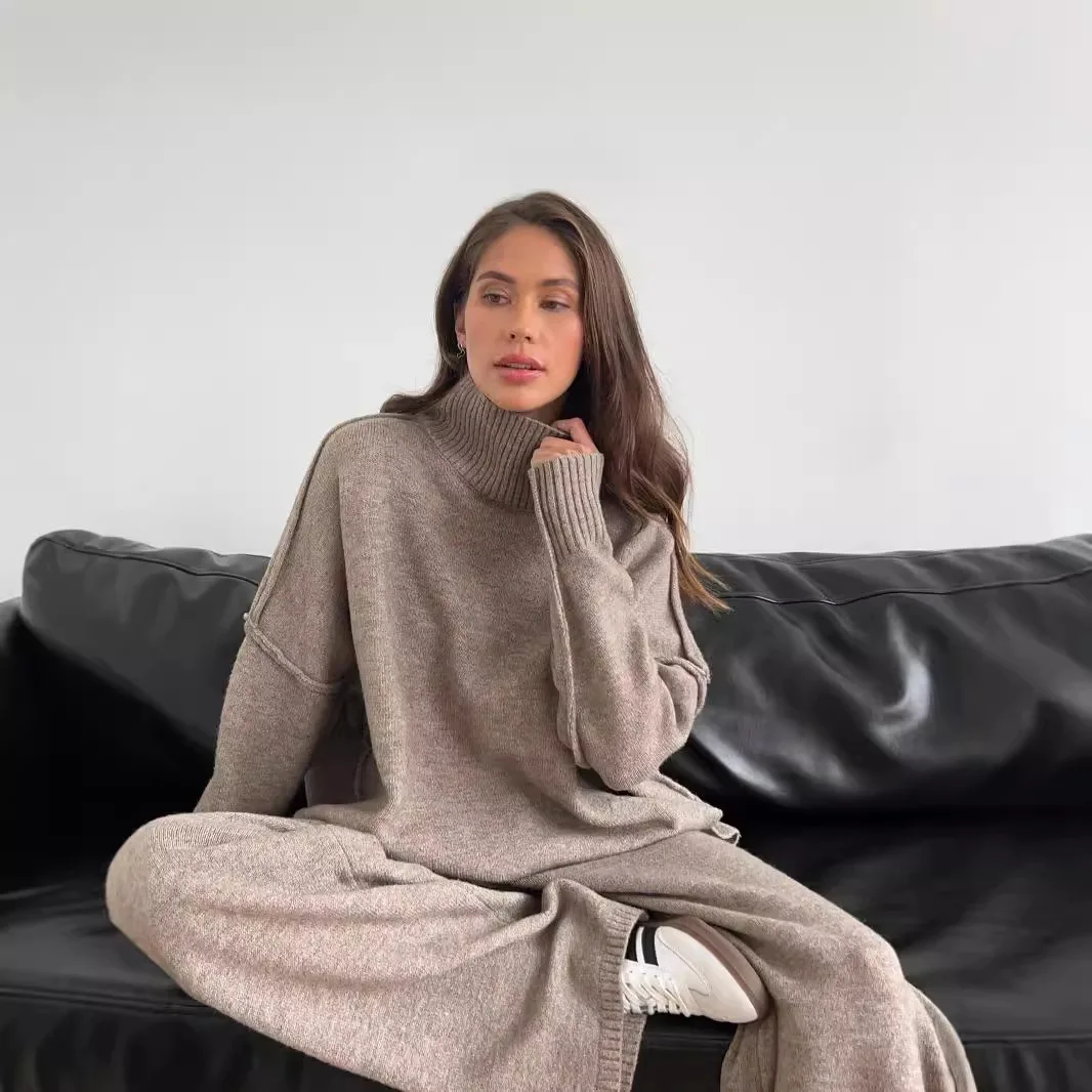 Lady Cloth Women's High-neck Split Sweater Set Loose Random Lazy Knit Long Pants. Two-piece Outfit Elegant Bandage Vestidos