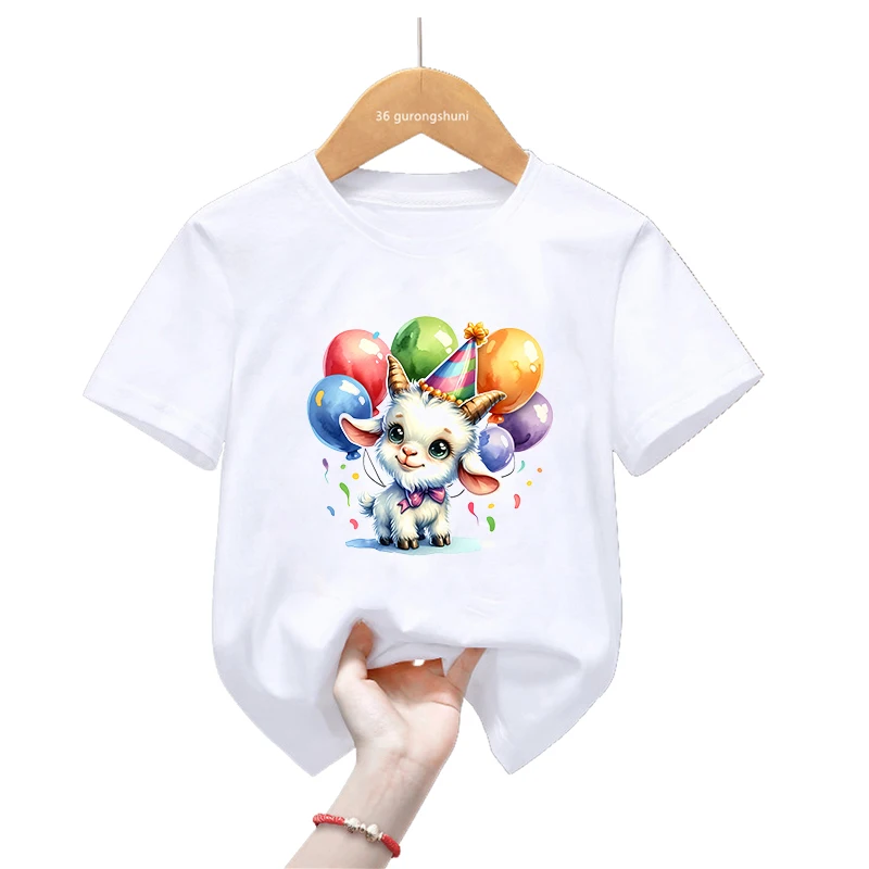 

Watercolor Goat Birthday Print T Shirt For Girls/Boys Rainbow Balloon Tsirt Funny Kid Clothes Summer Short Sleeve T-Shirt Tops