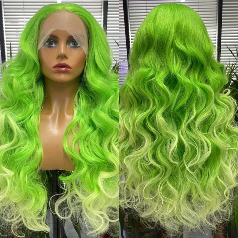 Synthetic Wig High Quality Lace Front Breakdown Free Long Wave  Green Color  Hair Heat Resistant Fiber Cosplay/Daily/Party Wear