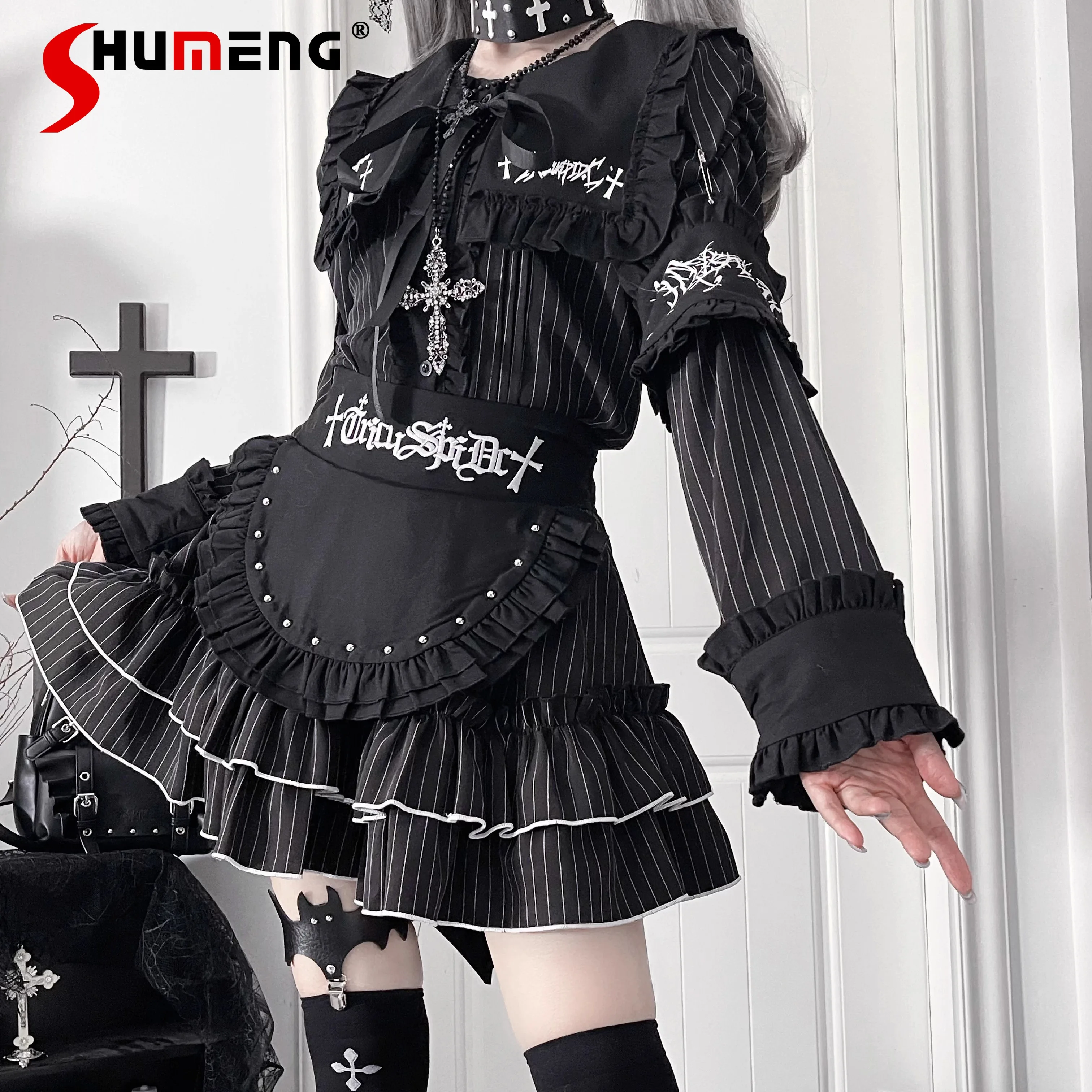 วัฒนธรรมย่อยMineพิมพ์เย็บปักถักร้อยเสื้อแขนยาวชุดกระโปรงฤดูใบไม้ร่วงใหม่ 2025 ญี่ปุ่นGothic HarajukuความงามTop Miniกระโปรง