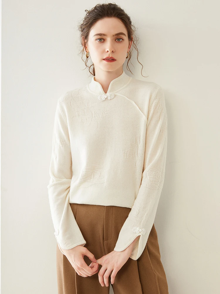 

Woman Clothing 100%Cashmere Sweater Soft Warm Autumn Winter Retro Chinese Style Pullover Knitwear Grace Solid Color Female Tops