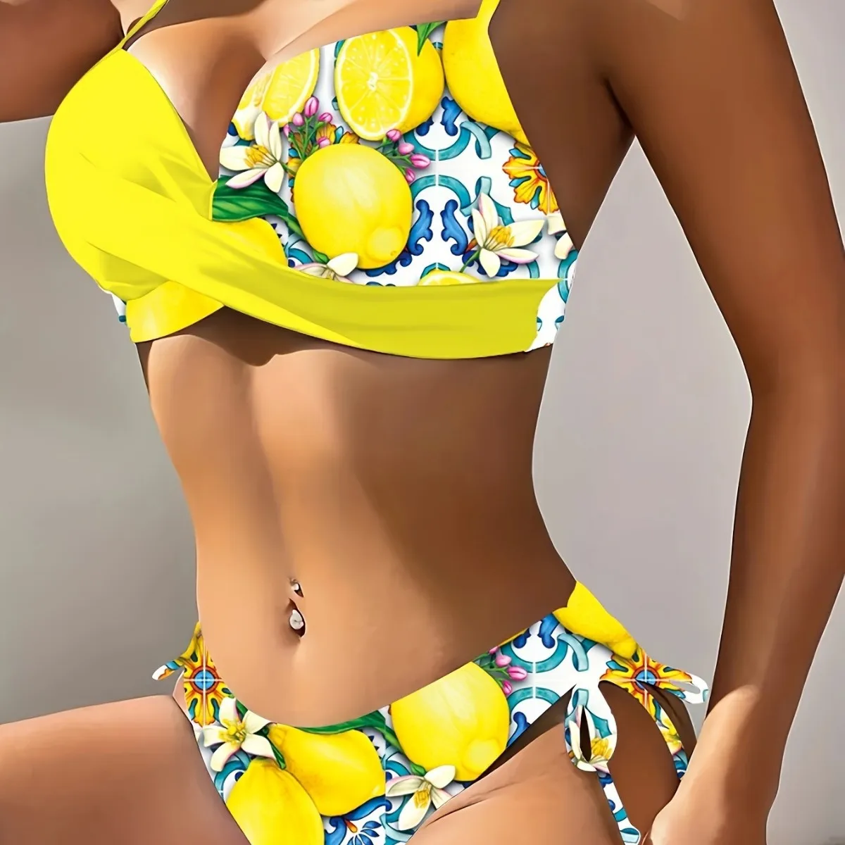 Women V Neck Yellow Lemon Print Bikini Set Women's Sexy Two-Piece Swimwear Summer Citrus Beach Swimsuit Holiday Beachwear Women