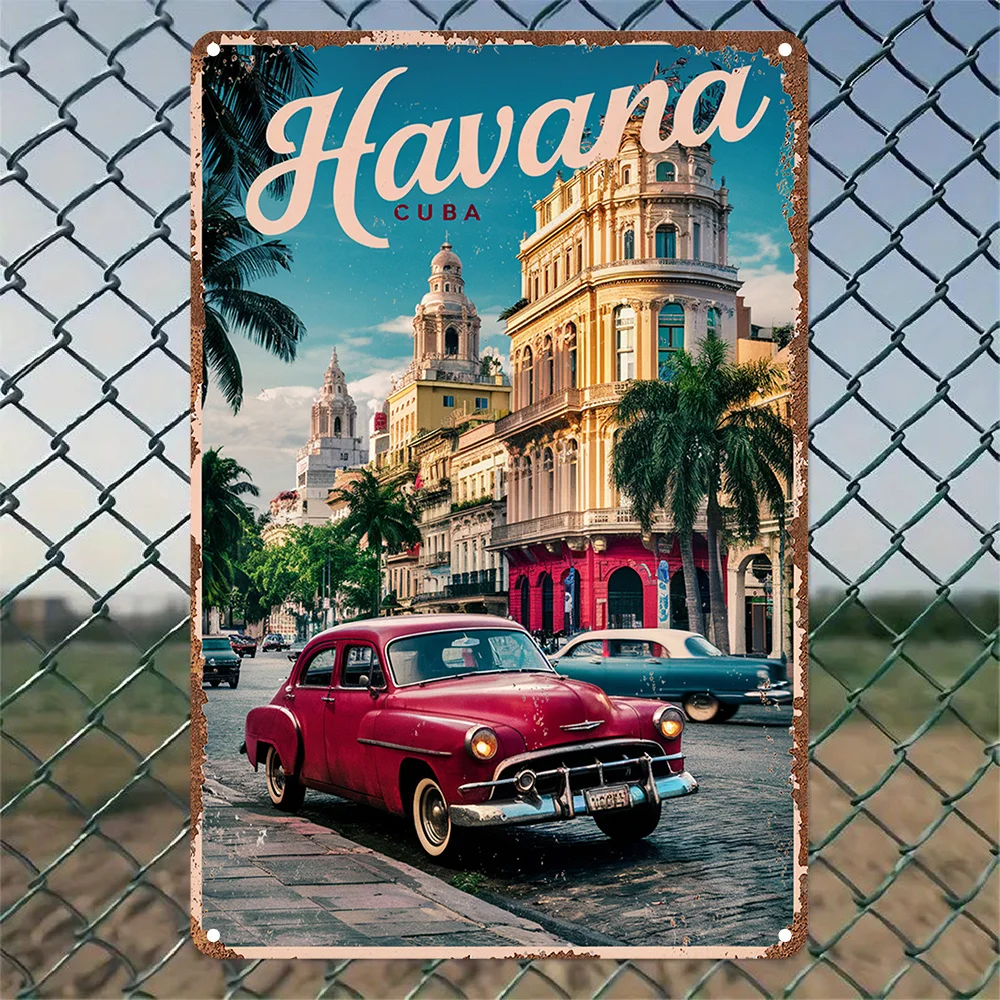 Room Decor  Vintage Havana Cuba Metal Tin Sign, Aluminum Wall Art Decor for Home, Bar, Cafe, Office - Retro Car and Cityscape De