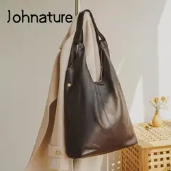 Johnature Casual Commuter Women Bag Genuine Leather 2024 New Versatile Large Capacity Soft Real Cowhide Shoulder Bags