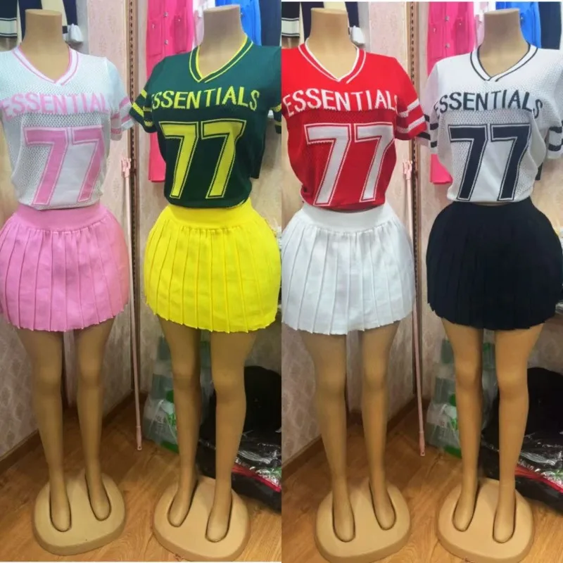 

Knitted Women 2 Piece Set Letter Printed Short Sleeve Jumpers Pleated Skirts Matching Set 2025 Summer New Popular Streetwears