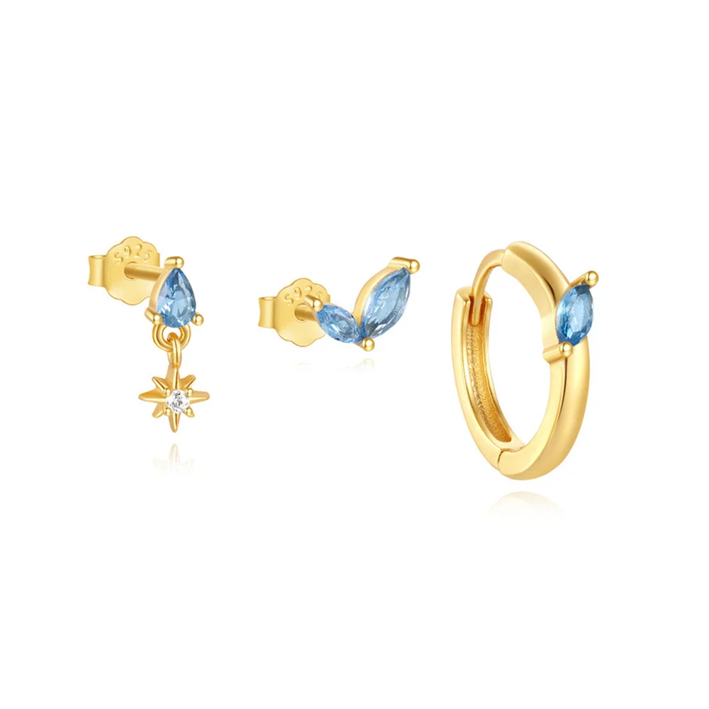 ROXI 925 Sterling Silver Blue WaterDrop/Horse eye/Eight Pointed Star Zircon Earring Set For Women 3 piece Earring Party Jewelry