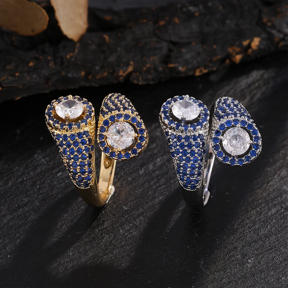 ZAKOL Luxury Full Paved CZ Blue Cubic Zirconia Open Ring For Women Statement Finger Ring Generous Party Jewelry Gift