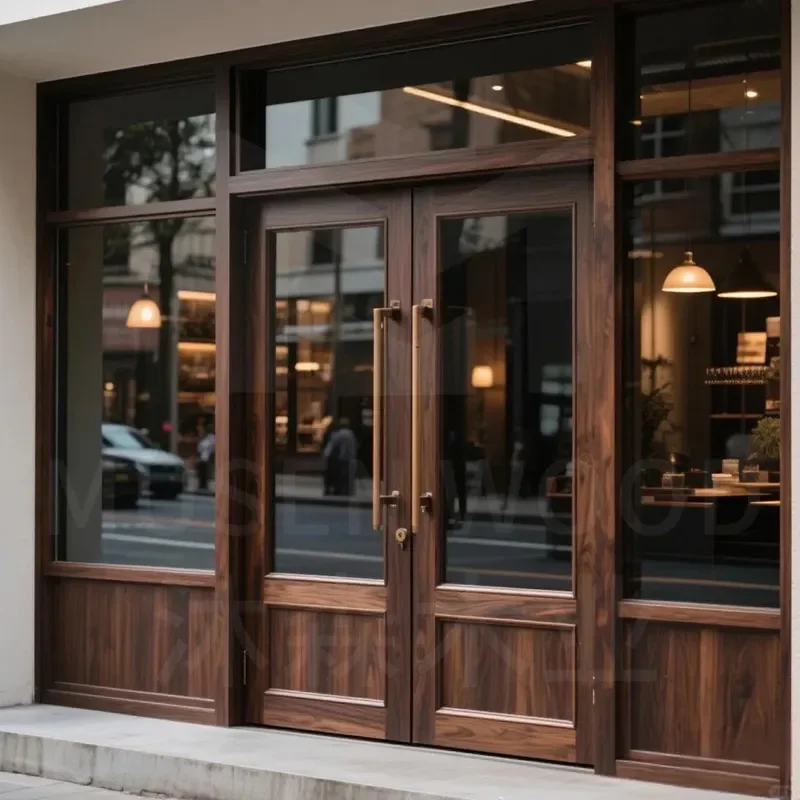 for Factory Custom Solid Wood Double Opening Glass Door Hotel Shop Cafe Flower Shop Restaurant Paint Black Walnut Chinese