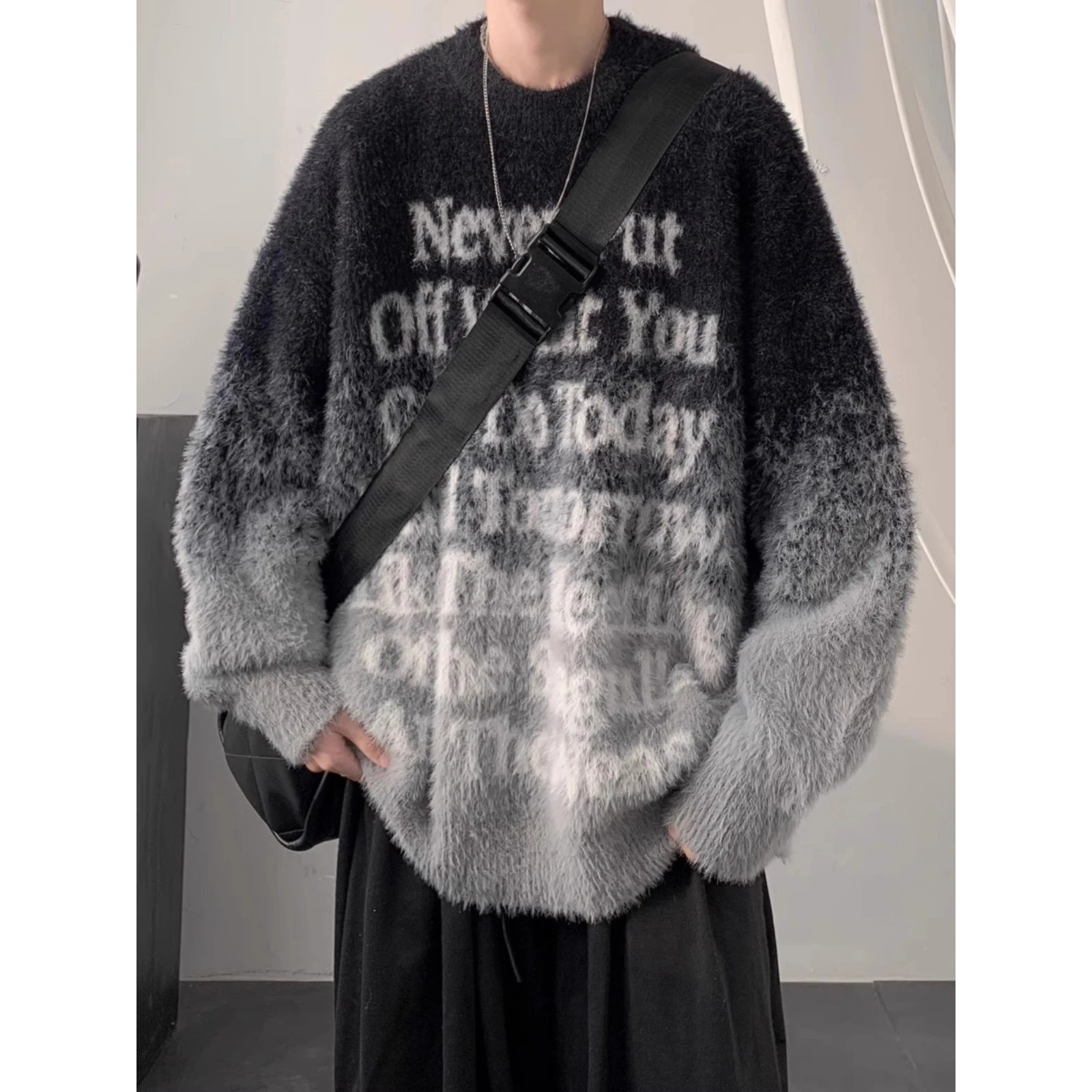 

Men's Oversize Knitted Sweater adient Color Letter Embroidery Casual Sle Polyester Fiber Youth Faion Autumn Winter Wear