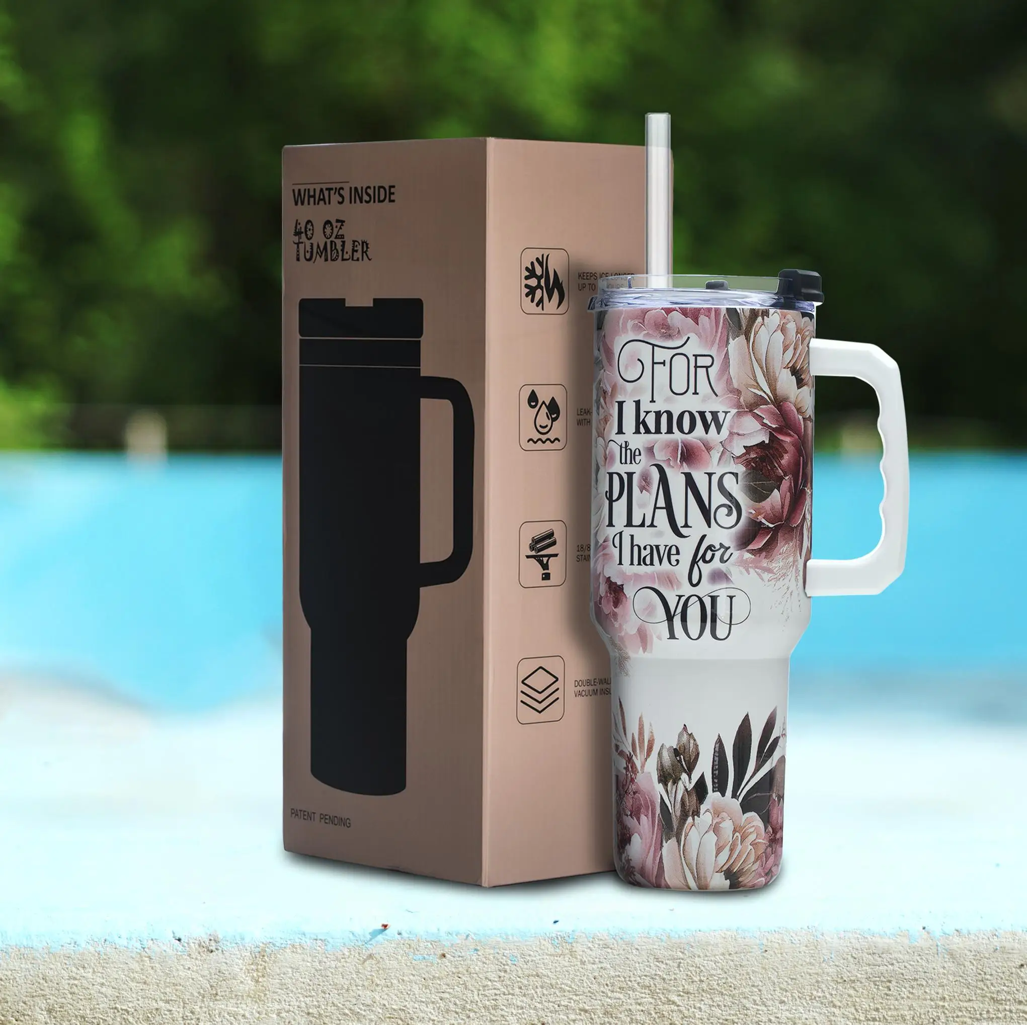 

40oz Vacuum Insulated Stainless Steel Tumbler with Handle, Anti-Slip Bottom, Floral Christian Cup, Gift for Religious Women