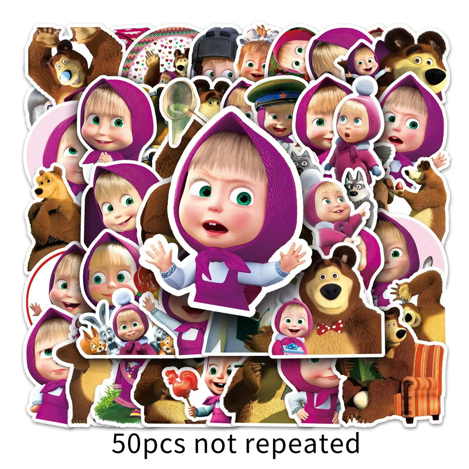 Mashas and The Bear Stickers 50pcs Set Kawaii Cartoon Waterproof Sticker Girls DIY Notebook Fridge Decoration Supplies Kids Gift